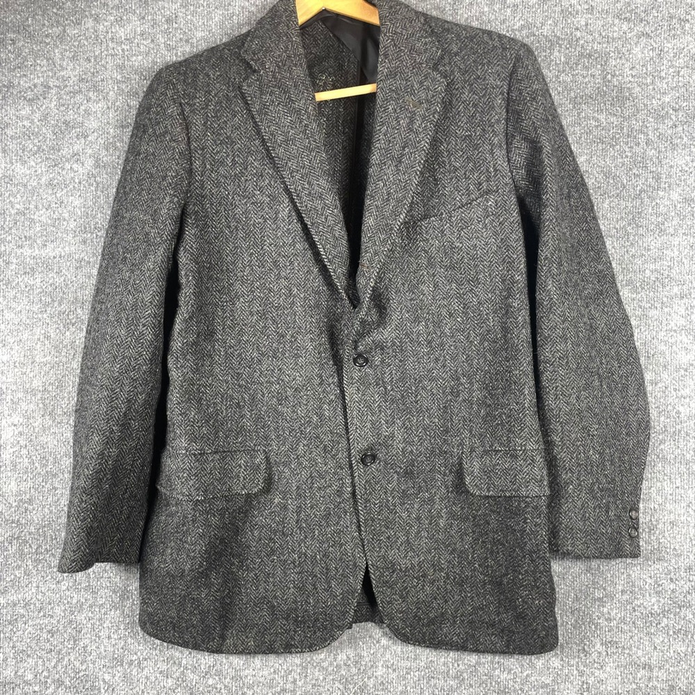 Vintage Harris Tweed Blazer Mens Large Grey Herringbone Wool Sport Coat Luxury